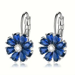 Deep blue flower- leverback earrings,  (titanium)